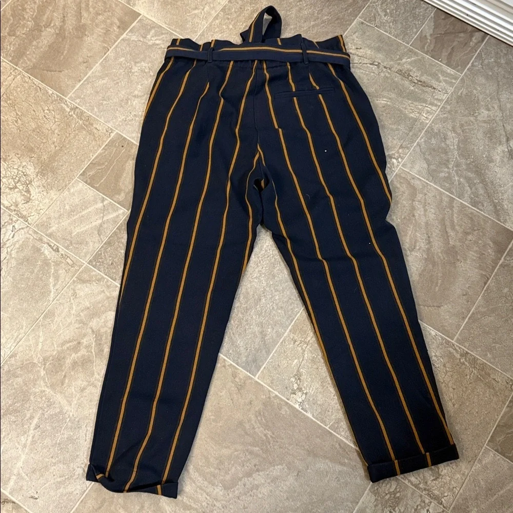 Zara Dark Navy Orange Striped Paperbag Tie Waist Ankle Cropped Pants Sz M - Picture 8 of 10